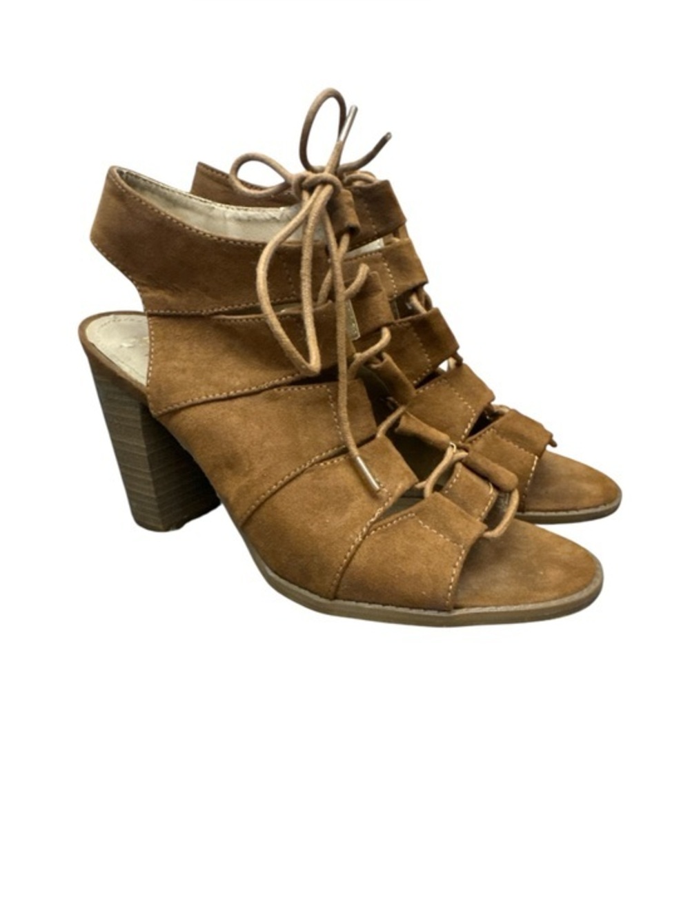 Kenneth Cole Women's Size 8.5 Tan Suede Lace-Up Block Heel Sandals Boho Summer